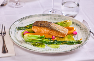 Salmon steak with sweet potato puree