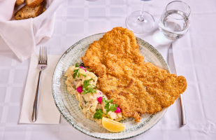 Pork Wienerschnitzel, served with „Bavarian” style potato salad