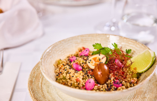 Quinoa salad with marinated quail eggs