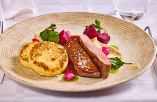 Duck breast, with truffles parsnip puree and crispy polenta