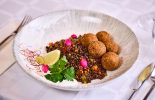 Beluga lent il salad, with falafel